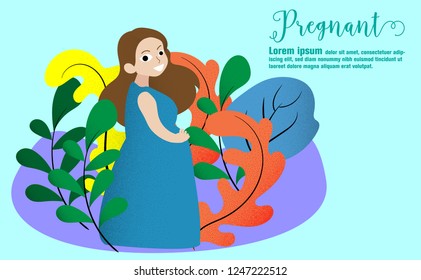 Pregnant women.Happy woman mom expecting baby in dresses.Pregnancy cartoon in natural background.vector illustration in flat cartoon style grain,noise texture