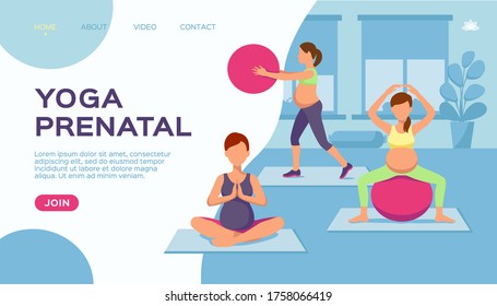 Pregnant Women's Yoga Group, Vector Illustration. Healthy Exercise For Fitness Lifestyle, Sport Cartoon At Pregnancy. Maternity People Class Pose With Belly, Stretching For Future Mother.