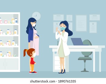 Pregnant women.Woman vaccinated. Hand holds an vaccination female. Vaccination concept for covid-19. Vector illustration.