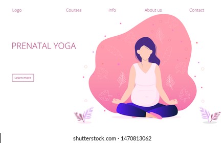 Pregnant yoga concept vector for landing page. Zen relax pose, meditation, self-improvement, controlling mind and emotions, concentration at yoga practice. Woman is sitting in a lotus position