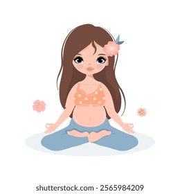 Pregnant yoga. Cute girl, woman meditates. Vector illustration isolated on white background .Concept yoga, meditation, relax, health, pregnancy, motherhood. Poster, print, banner