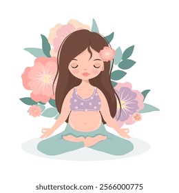 Pregnant yoga. Cute girl, woman meditates. Vector illustration isolated on white background .Concept yoga, meditation, relax, health, pregnancy, motherhood. Poster, print, banner design