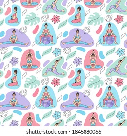Pregnant Yoga Seamless Pattern, Pregnant Women, Meditate and Do Yoga Asanas, Vector Illustration in Lineart Style