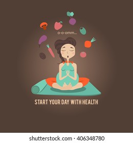 Pregnant yoga woman in lotus position with vegetables and icon vector set