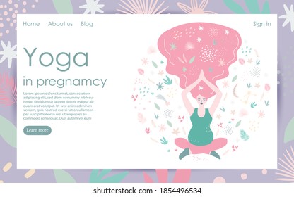 Pregnant Yoga. Pregnant woman sitting in the Lotus position. Template for the target web page of a yoga club for pregnant women. Healthy and active lifestyle during pregnancy, exercises for women.