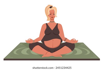 Pregnant yoga. Young Pregnant women doing meditation. Female character sitting in lotus pose. Beautiful girl in sportswear doing yoga, meditating practice. Healthy lifestyle. Vector illustration