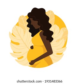 Pregnant young black woman.  Nature background with leaves. Hand drawn flat cartoon style vector illustration. Pregnancy, motherhood awaiting baby concept. 