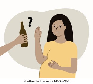 Pregnant Young Dark Skin Woman Show Refuse Gesture Drinking Beer. Avoiding Bad Habit, No Alcohol During Pregnancy, Healthy Lifestyle Concepts. Flat Cartoon Vector Design Isolated Illustration.