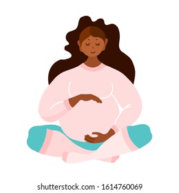 Pregnant young dark-skinned woman gently hugs her belly. Vector illustration on the theme of preparation for childbirth and motherhood. Sitting african. Black girl isolated on white.