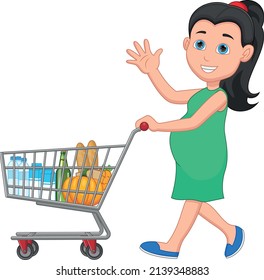 Pregnant Young Mother Carrying Groceries In Shopping Trolley