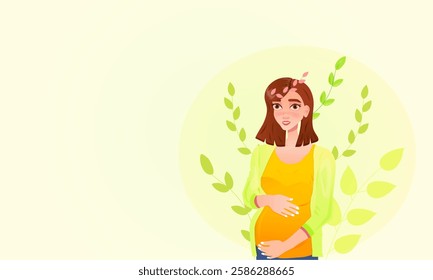 Pregnant young woman, with brown hair, and eyes, in yellow, orange dresses, on a floral background. Vector illustration with a text area, banner template.