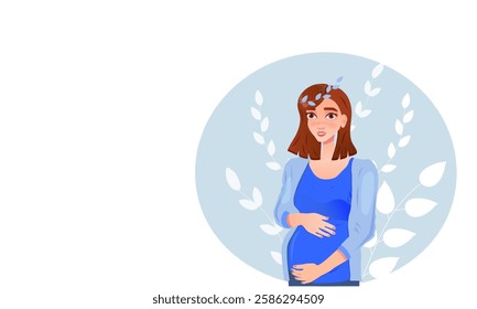 Pregnant young woman, with brown hair, and eyes, in blue cloths, on a floral background. Vector illustration, banner template.