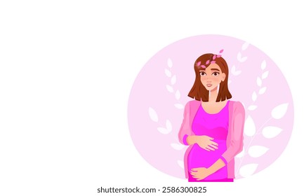 Pregnant young woman, with brown hair, and color, in pink cloths, on a floral background. Vector illustration, banner template.