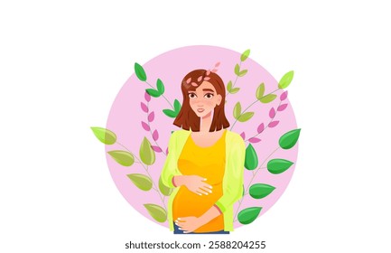 Pregnant young woman, with brown hair, and eyes in yellow, orange colored cloths on a floral background.Vector illustration.