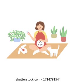 Pregnant young woman with cat meditate at home. Vector illustration of cute girl waiting for a baby in flat style. It's a girl concept