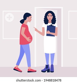 Pregnant young woman at the doctor's appointment. Colorful flat vector illustration.