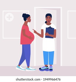 Pregnant young woman at the doctor's appointment. Colorful flat vector illustration.