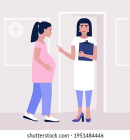 Pregnant young woman at the doctor's appointment. Colorful flat vector illustration.