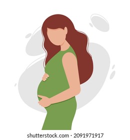 Pregnant young woman in dress holding her hands on her belly. Pregnancy, motherhood and maternity concept. Flat vector illustration.