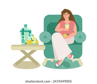 A pregnant young woman drinks freshly squeezed pear juice and eats fresh fruit. Woman is sitting in a chair, next an electric juicer. Motherhood, pregnancy, healthy eating, natural vitamins. Vector