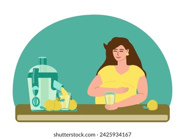 A pregnant young woman drinks freshly squeezed pear juice. A young woman sits at a table, holding a glass of juice in her hands, next to an electric juicer and fruit. pregnancy, healthy eat