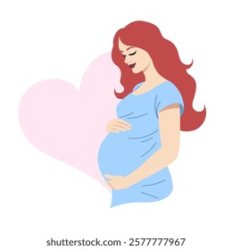 Pregnant young woman, girl in a draess embraces her belly. Simple cute illustration, vector drawing