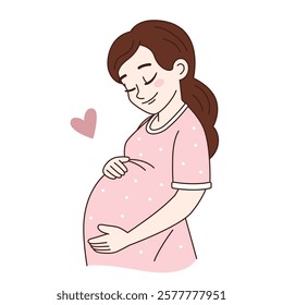 Pregnant young woman, girl in a robe embraces her belly. Simple cute cartoon comic illustration, vector drawing