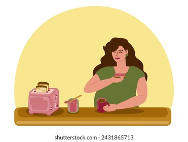 A pregnant young woman has breakfast, drinks tea and eats toast with jam. There is an electric toaster and a jar of jam on the table. Motherhood, pregnancy, healthy eating. Vector illustration