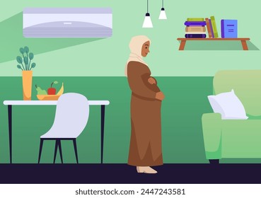 A pregnant young woman in a hijab enjoys the peace of home. Vector flat illustration of a cozy interior with a sofa, table, fruits and air conditioning for comfort.