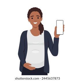 Pregnant young Woman Holding Smartphone Vector Illustration. Mother to be using mobile pregnancy app. Flat vector illustration isolated on white background