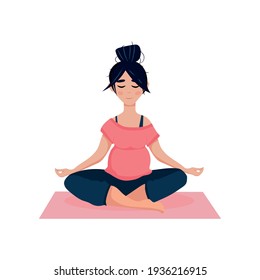 Pregnant young woman in the lotus position. does yoga. Meditation and relaxation. Vector illustration for the banner.