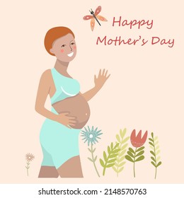 Pregnant young woman, redhead, in a sports kit, waving, vector illustration, around flowers, butterfly, happy mother's day.