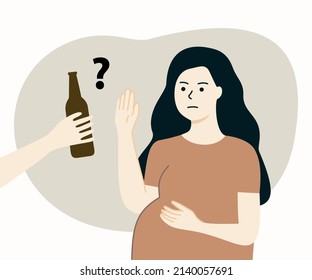 Pregnant young woman refuse drinking beer for good health. Avoiding bad habit, No alcohol during pregnancy with positive lifestyle concepts. Flat cartoon vector design isolated illustration.