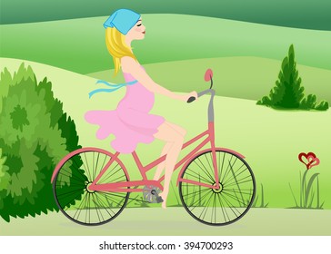 A pregnant young woman rides a Bicycle across the field. Vector illustration. Horizontal.
