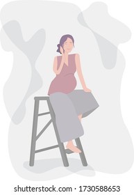 Pregnant young woman sitting on the ladder