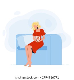 Pregnant Young Woman Think About Abortion Vector. Pregnancy Girl Sitting On Couch And Think About Abortion. Crossed Out Embryo Fetus Inside Character Abdomen Flat Cartoon Illustration