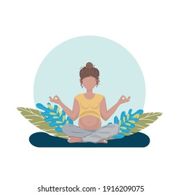 A pregnant young woman in a Yoga pose with green leaves on the background. A banner, poster for Medical, Pregnancy projects. A flat illustration. Vector.  EPS 10. 