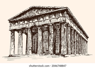 Pre-Greek ruined stone temple with columns. Quick hand sketch on a beige background.