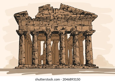 Pre-Greek ruined stone temple with columns. Quick hand sketch on a beige background.