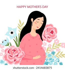 PreHappy Mother's Day. Happy pregnant woman on white background with flowers and text. Vector card template.