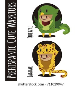 Prehispanic Cute Quetzal and Jaguar Warrior. Aztec mayan vector set.