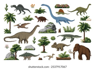 Prehistoric 8 bit pixel art dinosaurs for game assets, vector lizards and dino animals. Jurassic park or ice age prehistoric arcade video game assets of pixel mammoth, pterodactyl and reptile dinosaur