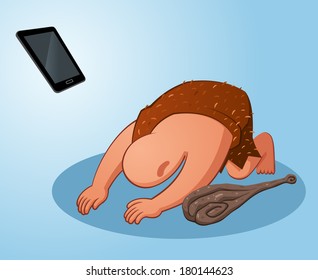 prehistoric age of caveman worshiping a gadget thinking it's miraculous stuff