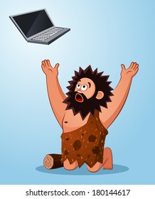 prehistoric age of caveman worshiping a laptop thinking it's miraculous stuff