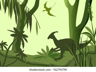 Prehistoric age dinosaurs vector silhouettes. Nature vector scene
