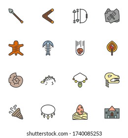 Prehistoric age filled outline icons set, line vector symbol collection, linear colorful pictogram pack. Signs, logo illustration, Set includes icons as hunting spear, boomerang, meteorite, fire flame