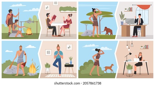 Prehistoric age and modern people evolution comparison set vector illustration. Cartoon primitive caveman character cooking food on fire and hunting, businessman working in office, man doing yoga