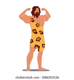 Prehistoric Ages Male Character Demonstrate Power Showing Muscles. Primitive Neanderthal Man Lifestyle, Wear Animal Skin Isolated on White Background. Cartoon People Vector Illustration