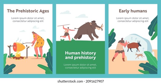 Prehistoric Ages People Cartoon Banners. Wear Animal Skin Use Primitive Tools For Hunting, Cooking On Fire, Man Hunting Mammoth, Neanderthal Characters Painting Pictures. Vector Illustration, Posters