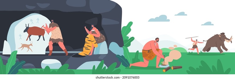 Prehistoric Ages People Wear Animal Skin Use Primitive Tools For Hunting, Light A Fire, Painting. Man Chase Mammoth, Woman Sewing Skin, Neanderthal Characters Lifestyle. Cartoon Vector Illustration
